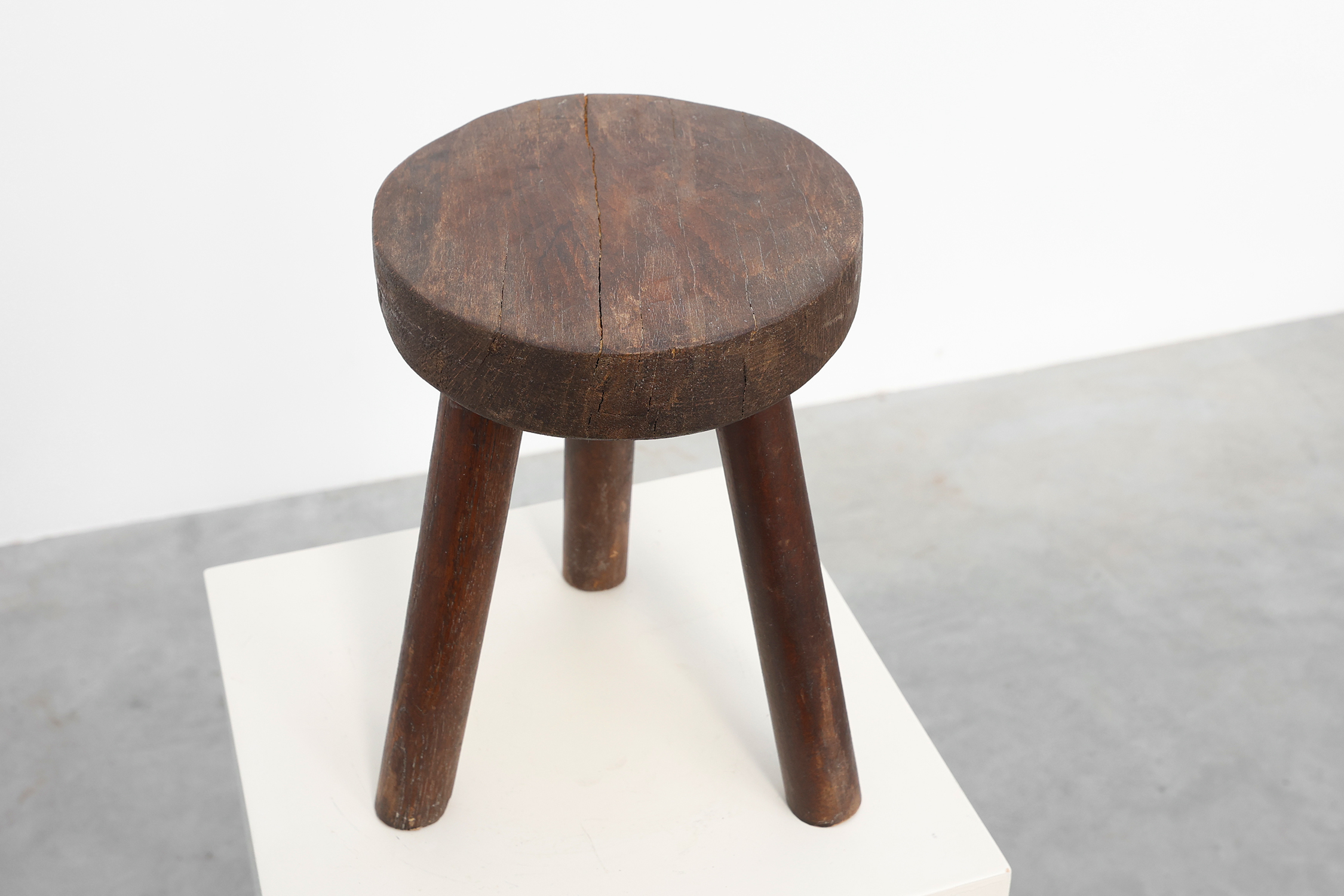 Rustic oak wooden tripod stool, France, ca. 1900thumbnail
